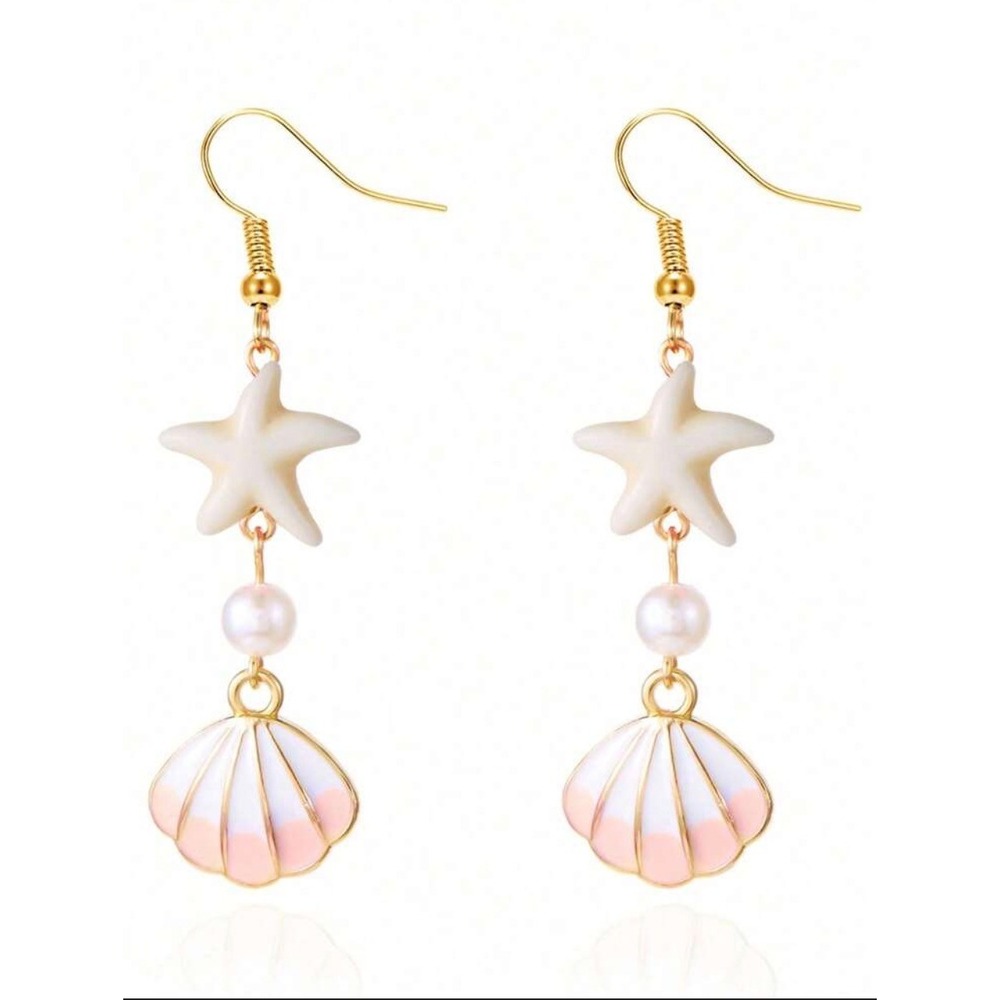 Gold Tone Starfish Pearl and Pink Seashell Enamel Drop Earrings Nautical Coastal